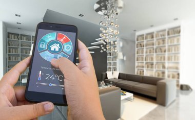 Bir akıllı telefon uygulaması tarafından kontrol edilen modern bir iç mekanın 3D görüntülenmesi