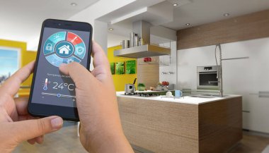 Bir akıllı telefon uygulaması tarafından kontrol edilen modern bir iç mekanın 3D görüntülenmesi