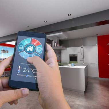 Bir akıllı telefon uygulaması tarafından kontrol edilen modern bir iç mekanın 3D görüntülenmesi