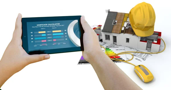 Renderização Dispositivo Móvel Com Uma Calculadora Hipoteca Projeto Construção Casa — Fotografia de Stock