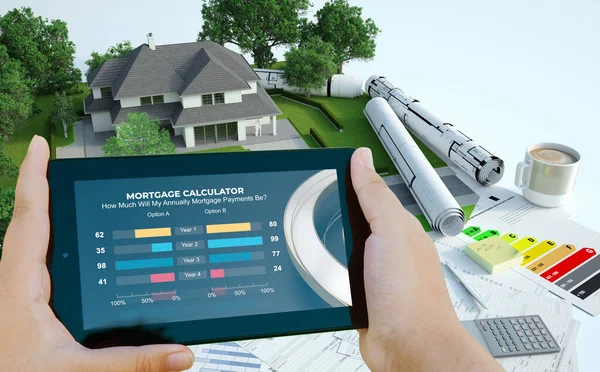 Weergave Van Een Mobiel Apparaat Met Een Hypotheekcalculator Een Woningbouwproject — Stockfoto