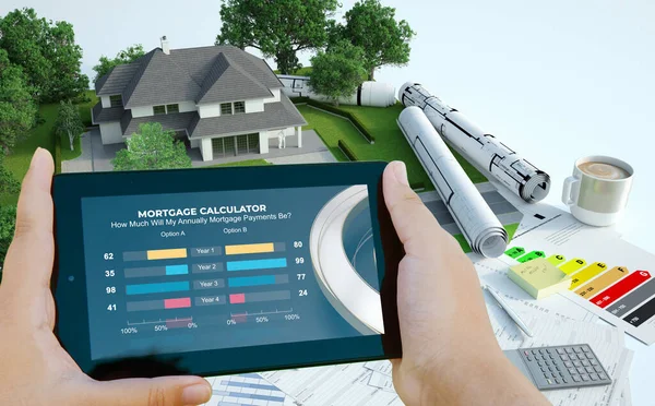 住宅ローン計算機と住宅建設プロジェクトとモバイルデバイスの3Dレンダリング — ストック写真