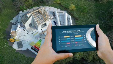 Bir mobil aygıtın ipotek hesap makinesi ve bir ev inşa projesi ile 3B görüntülenmesi