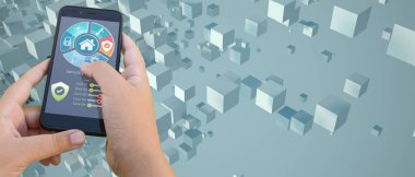 Soyut teknolojik geçmişe sahip bir ev otomasyon uygulamasının 3 boyutlu canlandırması