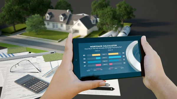 Weergave Van Een Mobiel Apparaat Met Een Hypotheekcalculator Een Woningbouwproject — Stockfoto