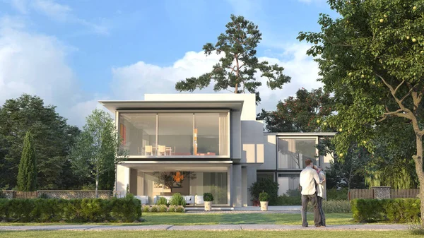 Rendering Una Moderna Casa Lusso Giardino — Foto Stock