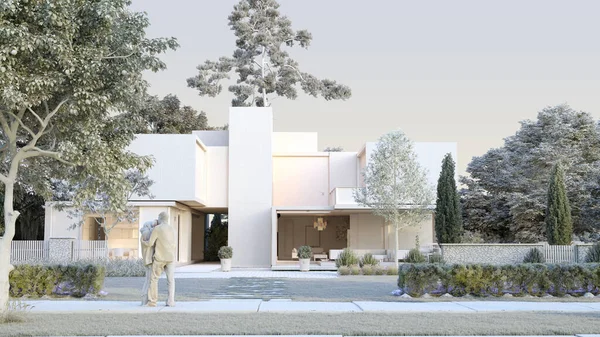 3d rendering of an architecture model of a modern luxurious house and a garden