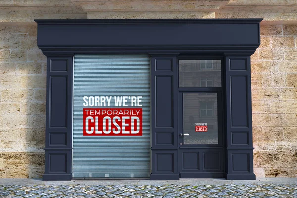 3D渲染的商店与百叶窗关闭和标志 对不起 我们暂时关闭 — 图库照片