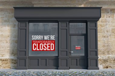 Dükkan 'ın panjurları kapalı 3D görüntüsü ve tabela, üzgünüm kapalıyız.