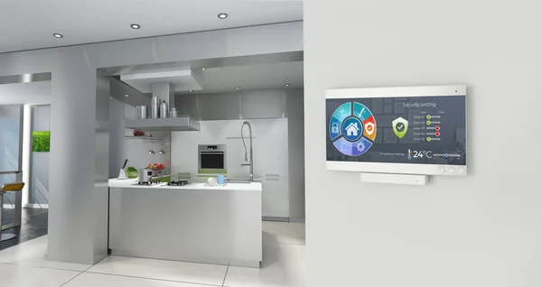 Home automation control station in the kitchen of a modern home