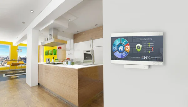 Home automation control station in the kitchen of a modern home