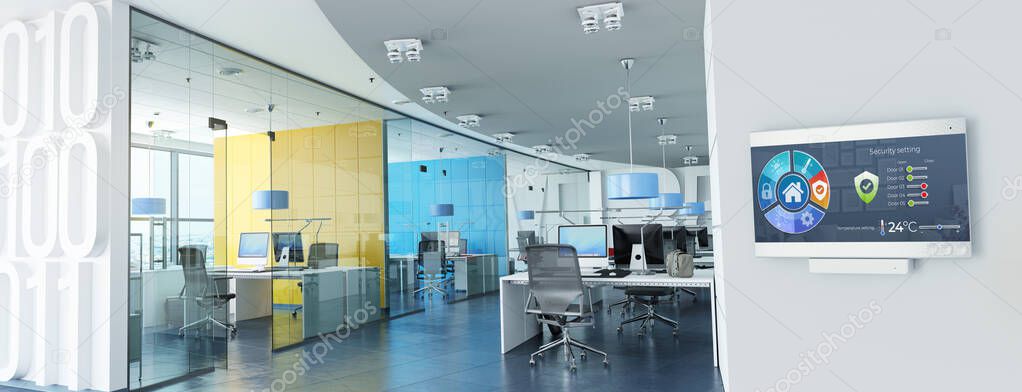 3D rendering of Modern offices with a control panel controlling lighting, temperature, air quality, access and safety