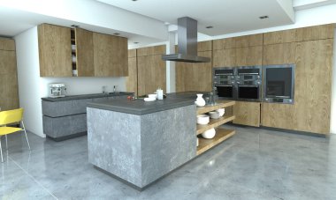 3 boyutlu ahşap ve betondan yapılmış bir mutfak.
