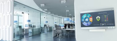 Kontrol paneli ile modern ofislerin 3 boyutlu görüntülenmesi kontrol paneli aydınlatma, sıcaklık, hava kalitesi, erişim ve güvenlik