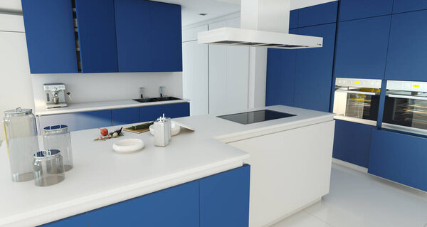3D rendering of a blue and white kitchen 