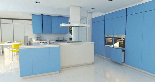 3D rendering of a light blue and white kitchen 