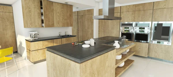 Representación Una Cocina Madera Hormigón — Foto de Stock