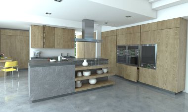 3 boyutlu ahşap ve betondan yapılmış bir mutfak.