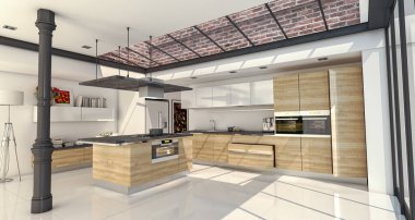 Endüstriyel stil ev mutfağının 3 boyutlu çizimi. Temiz ahşap çatılı bir evde birleştirilmiş.