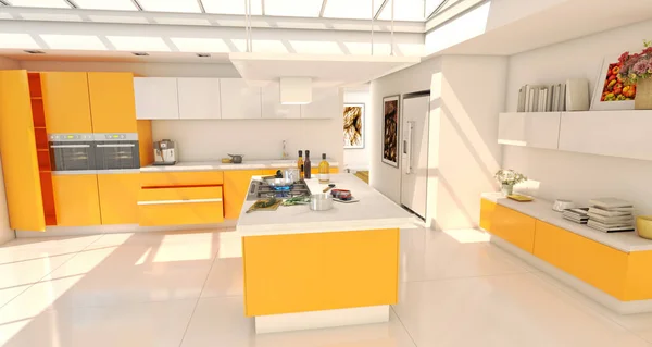 3D rendering of an industrial style domestic kitchen with a recipe being prepared