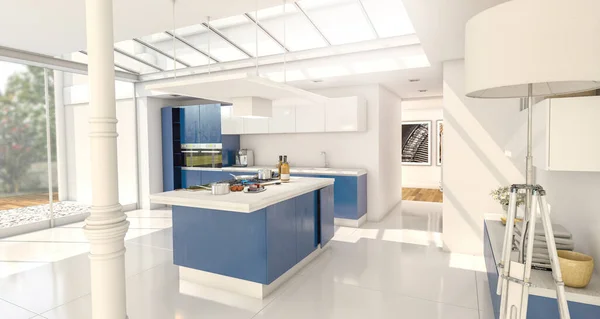 Rendering Einer Haus Integrierten Wohnküche Industriellen Stil Mit Glasdach Dunkelblau — Stockfoto