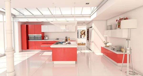 Rendering Industrial Style Domestic Kitchen Integrated House Glass Roof Red — Stock Photo, Image