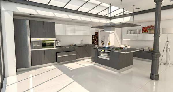 工业风格家庭厨房的三维渲染 集成在玻璃屋顶深灰色的房子中 — 图库照片