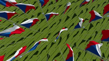 Çek Cumhuriyeti birçok bayrakları yukarıdan güneşli bir günde yeşil alanında görüntüleyin. Üç boyutlu 3d animasyon oluşturma.
