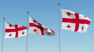 Mavi gökyüzü karşı bayrak direği üzerinde üç bayrak, Georgia. Üç boyutlu 3d animasyon oluşturma.