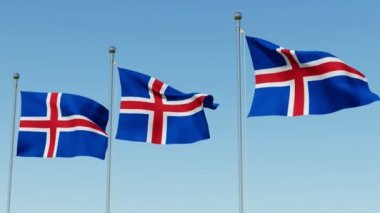 Mavi gökyüzü karşı bayrak direkleri üzerinde üç bayrak, İzlanda. Üç boyutlu 3d animasyon oluşturma.