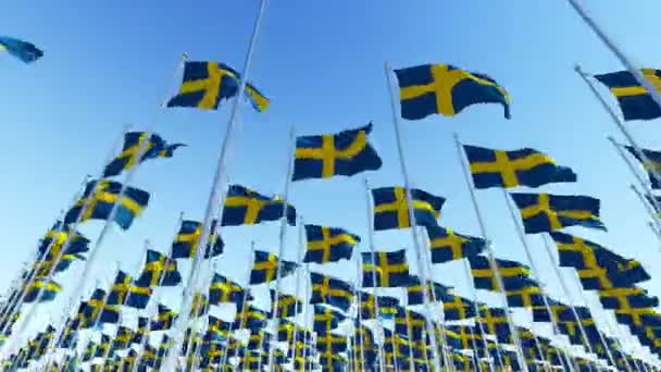 Sok Svédország Zászlók Fúj Szél Ellen Blue Sky Három Dimenziós — Stock videók