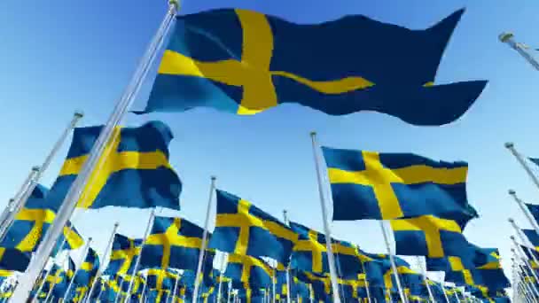 Many National Flags Sweden Flagpoles Front Blue Sky Three Dimensional — Stock Video