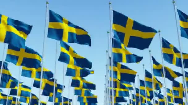 Zweden Vlaggen Zwaaien Wind Tegen Heldere Blauwe Hemel Drie Dimensionale — Stockvideo