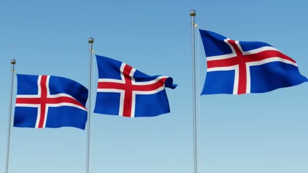 Tres Banderas Islandia Asta Bandera Contra Cielo Azul Representación Tridimensional — Vídeo de stock