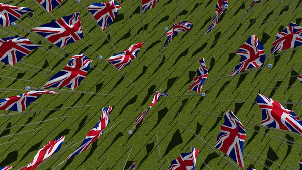 晴れた日に緑のフィールドで振っているイギリスの多くのフラグ つの次元の 図をレンダリングします 上からの眺め — ストック写真