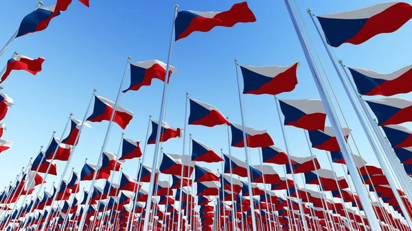 Mnohé Státní Vlajky České Republiky Stožárech Před Modrou Oblohu Trojrozměrné — Stock fotografie