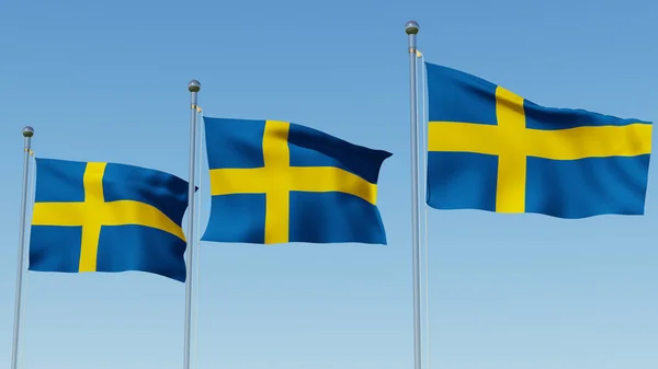 Tres Banderas Suecia Asta Bandera Delante Del Cielo Azul Representación —  Fotos de Stock