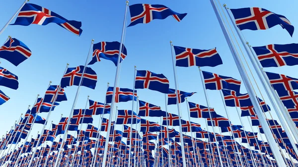 Многие Флаги Исландии Дуют Ветру Против Ясного Голубого Неба Трехмерная — стоковое фото