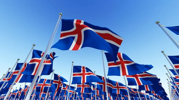 Molte Bandiere Islandesi Sventolano Nel Vento Contro Cielo Azzurro Illustrazione — Foto Stock