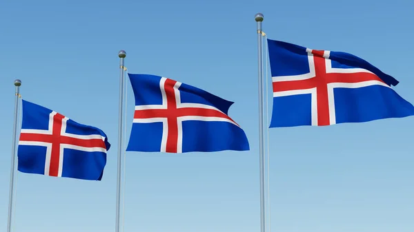 Drie Nationale Vlaggen Van Ijsland Vlaggenmast Tegen Duidelijke Blauwe Hemel — Stockfoto