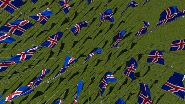 Многие Национальные Флаги Исландии Машут Ветру Зеленом Поле Трехмерный Рендеринг — стоковое фото