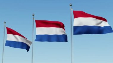 Hollanda mavi gökyüzü karşı rüzgarda sallayarak üç bayrak. Üç boyutlu render Animasyon 3d.