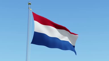 Hollanda mavi gökyüzü karşı rüzgarda sallayarak bayrak. Üç boyutlu render Animasyon 3d.