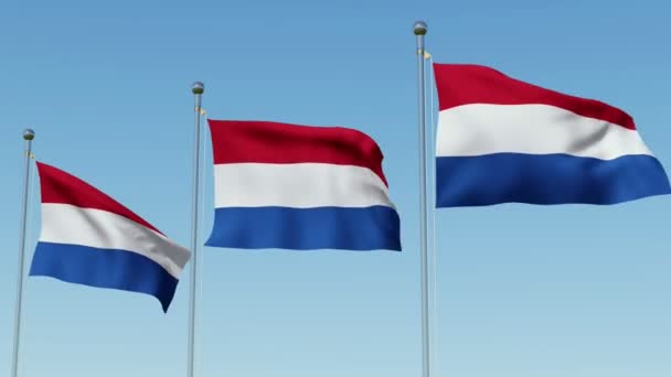 Tres Banderas Holanda Ondeando Viento Contra Cielo Azul Animación Tridimensional — Vídeo de stock