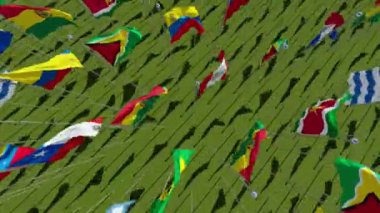Güney Amerika kıta yeşil alan, rüzgarda üfleme bayrakları yukarıdan görüntüleyin. 3D render animasyon
