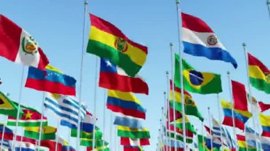 Güney Amerika kıtasının bayrakları rüzgarda 3d render animasyon