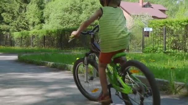 Movimento Lento Pequena Criança Andar Bicicleta Campo Primavera — Vídeo de Stock