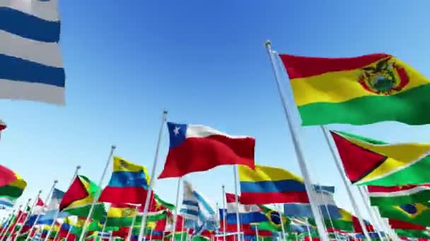 Рядок Національних Прапорів Проти Анімації Рендеринга Синього Неба — стокове відео