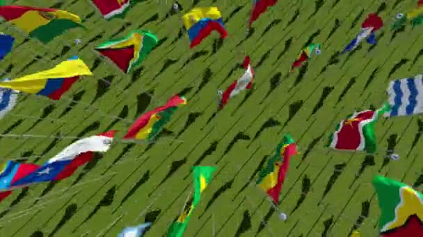 Ameryka Południowa Kontynent Flagi Wiejący Wiatr Zielone Pola Widok Góry — Wideo stockowe