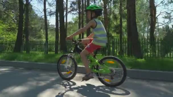 Niño Feliz Bicicleta Montar Casco Campo Soleado Día Primavera — Vídeo de stock